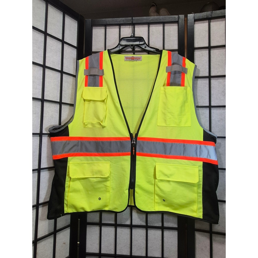 WorkReady High Visibility Safety Vest Lime Green Reflective Mesh Zipper Pockets